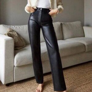 Wilfred Aritzia Melina Pants Black Faux Vegan Leather High Waisted Straight Leg